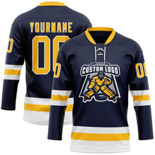 Load image into Gallery viewer, Custom Navy Gold-White Hockey Lace Neck Jersey
