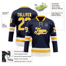 Load image into Gallery viewer, Custom Navy Gold-White Hockey Lace Neck Jersey
