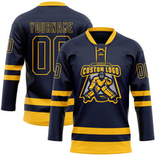 Load image into Gallery viewer, Custom Navy Gold Hockey Lace Neck Jersey
