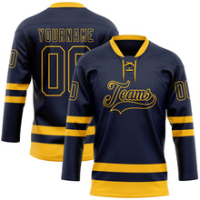 Load image into Gallery viewer, Custom Navy Gold Hockey Lace Neck Jersey

