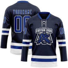 Load image into Gallery viewer, Custom Navy Royal-White Hockey Lace Neck Jersey
