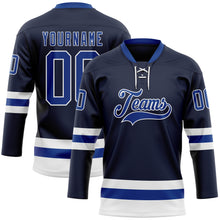 Load image into Gallery viewer, Custom Navy Royal-White Hockey Lace Neck Jersey
