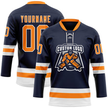 Load image into Gallery viewer, Custom Navy Bay Orange-White Hockey Lace Neck Jersey
