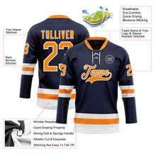 Load image into Gallery viewer, Custom Navy Bay Orange-White Hockey Lace Neck Jersey
