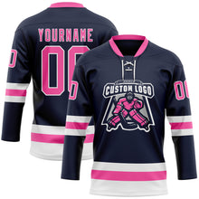 Load image into Gallery viewer, Custom Navy Pink-White Hockey Lace Neck Jersey
