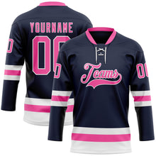 Load image into Gallery viewer, Custom Navy Pink-White Hockey Lace Neck Jersey
