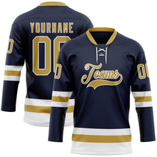 Load image into Gallery viewer, Custom Navy Old Gold-White Hockey Lace Neck Jersey
