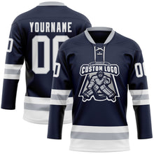 Load image into Gallery viewer, Custom Navy White-Gray Hockey Lace Neck Jersey
