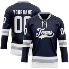 Load image into Gallery viewer, Custom Navy White-Gray Hockey Lace Neck Jersey
