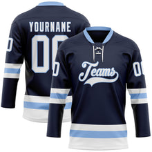 Load image into Gallery viewer, Custom Navy White-Light Blue Hockey Lace Neck Jersey

