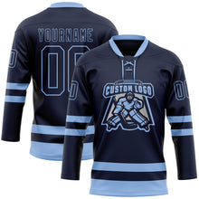 Load image into Gallery viewer, Custom Navy Light Blue Hockey Lace Neck Jersey
