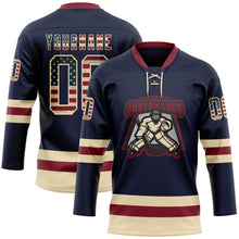 Load image into Gallery viewer, Custom Navy Vintage USA Flag Cream-Crimson Hockey Lace Neck Jersey

