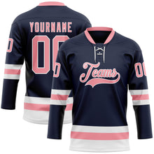 Load image into Gallery viewer, Custom Navy Medium Pink-White Hockey Lace Neck Jersey

