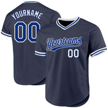 Load image into Gallery viewer, Custom Navy Royal-White Authentic Throwback Baseball Jersey
