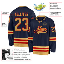 Load image into Gallery viewer, Custom Navy Old Gold-Red Hockey Jersey
