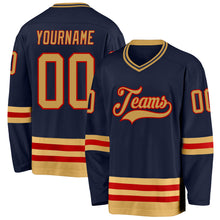 Load image into Gallery viewer, Custom Navy Old Gold-Red Hockey Jersey

