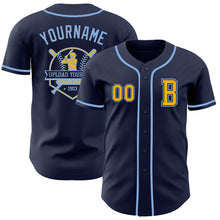 Load image into Gallery viewer, Custom Navy Gold-Light Blue Authentic Baseball Jersey
