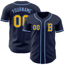 Load image into Gallery viewer, Custom Navy Gold-Light Blue Authentic Baseball Jersey
