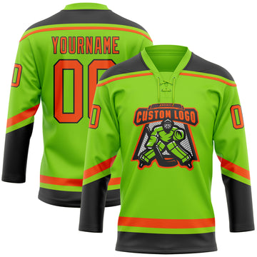 Custom Neon Green Orange-Black Hockey Lace Neck Jersey