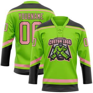 Custom Neon Green Medium Pink-Black Hockey Lace Neck Jersey