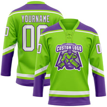 Load image into Gallery viewer, Custom Neon Green White-Purple Hockey Lace Neck Jersey
