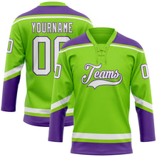 Load image into Gallery viewer, Custom Neon Green White-Purple Hockey Lace Neck Jersey

