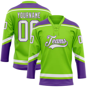 Custom Neon Green White-Purple Hockey Lace Neck Jersey