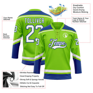 Custom Neon Green White-Royal Hockey Lace Neck Jersey