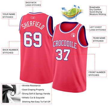 Custom Neon Pink White-Purple Authentic Basketball Jersey