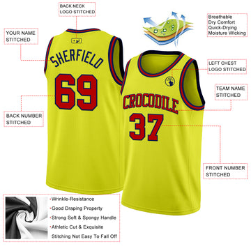 Custom Neon Yellow Red-Navy Authentic Basketball Jersey
