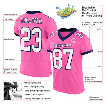 Custom Pink White-Navy Mesh Authentic Football Jersey