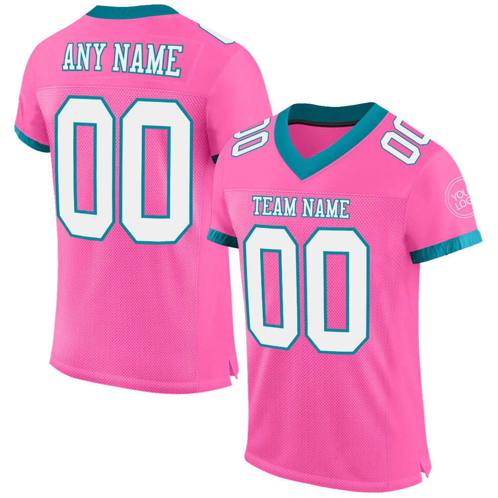 Custom Pink White-Teal Mesh Authentic Football Jersey