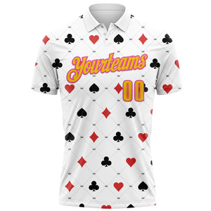 Custom White Yellow-Pink 3D Gambling Poker Performance Polo Shirt