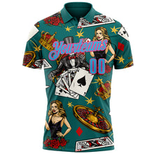 Load image into Gallery viewer, Custom Teal Sky Blue-Pink 3D Gambling Poker Performance Polo Shirt
