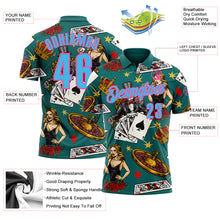 Load image into Gallery viewer, Custom Teal Sky Blue-Pink 3D Gambling Poker Performance Polo Shirt
