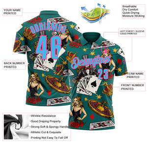 Custom Teal Sky Blue-Pink 3D Gambling Poker Performance Polo Shirt