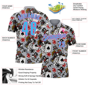 Custom Gray Sky Blue-Pink 3D Gambling Poker Performance Polo Shirt