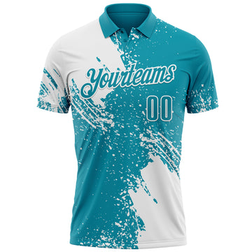 Custom White Teal 3D Pattern Design Abstract Brush Stroke Performance Polo Shirt