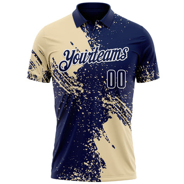 Custom Cream Navy-White 3D Pattern Design Abstract Brush Stroke Performance Polo Shirt