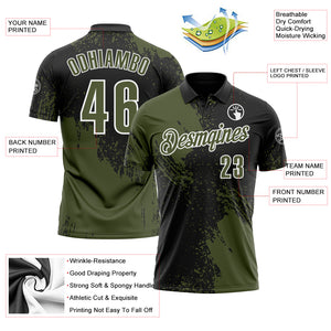 Custom Olive Black-White 3D Pattern Design Abstract Brush Stroke Performance Polo Shirt
