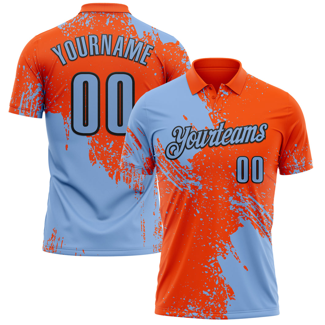 Custom Light Blue Orange-Black 3D Pattern Design Abstract Brush Stroke Performance Polo Shirt