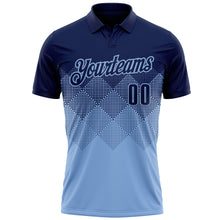 Load image into Gallery viewer, Custom Navy Light Blue 3D Gradient Square Shape Performance Polo Shirt
