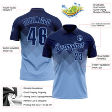 Load image into Gallery viewer, Custom Navy Light Blue 3D Gradient Square Shape Performance Polo Shirt
