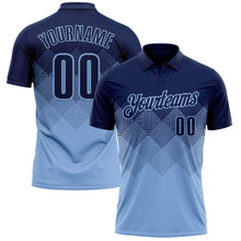 Load image into Gallery viewer, Custom Navy Light Blue 3D Gradient Square Shape Performance Polo Shirt
