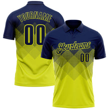 Load image into Gallery viewer, Custom Navy Neon Yellow 3D Gradient Square Shape Performance Polo Shirt
