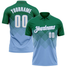 Load image into Gallery viewer, Custom Kelly Green White-Light Blue 3D Gradient Square Shape Performance Polo Shirt
