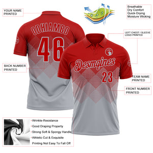 Custom Red Gray 3D Gradient Square Shape Performance Polo Shirt