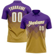 Load image into Gallery viewer, Custom Purple White-Old Gold 3D Gradient Square Shape Performance Polo Shirt
