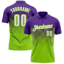 Load image into Gallery viewer, Custom Purple White-Neon Green 3D Gradient Square Shape Performance Polo Shirt
