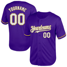 Load image into Gallery viewer, Custom Purple White-Old Gold Mesh Authentic Throwback Baseball Jersey
